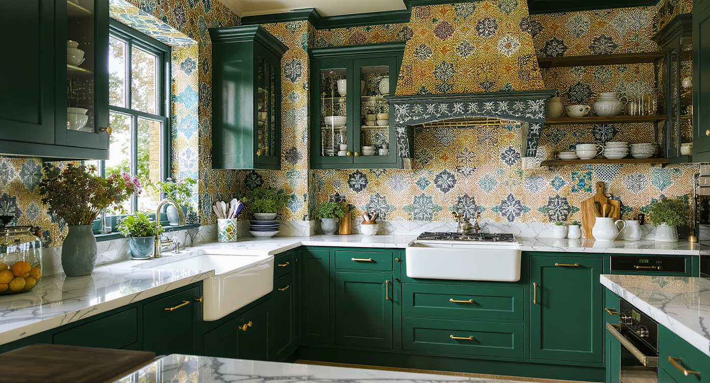 A photorealistic London kitchen with patterned wallpaper, emerald lacquered cabinets, brass handles, farmhouse sink, and sculptural pendant lights.
