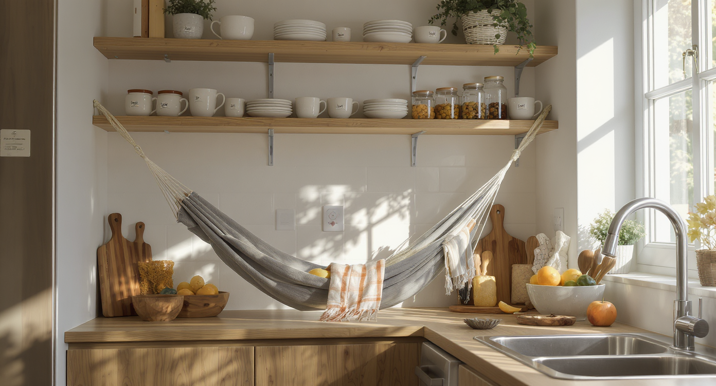 A modern kitchen corner with a handmade hammock under open shelves, neatly holding produce and utensils, demonstrating clever, personalized storage.