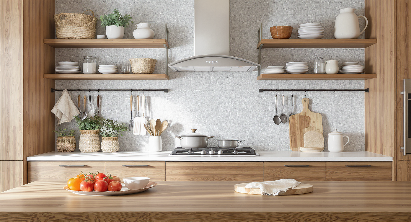A photorealistic, sunlit kitchen featuring custom wooden storage, open shelving with unique jars, and tidy drawers, exuding personal charm.