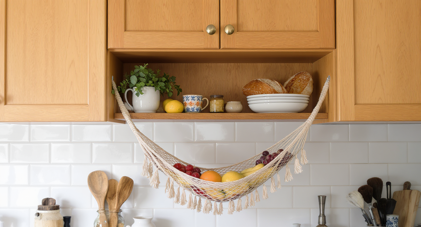 A small kitchen shows a handmade macramé hammock under a cabinet, holding fruit and bread above an uncluttered countertop with natural light.