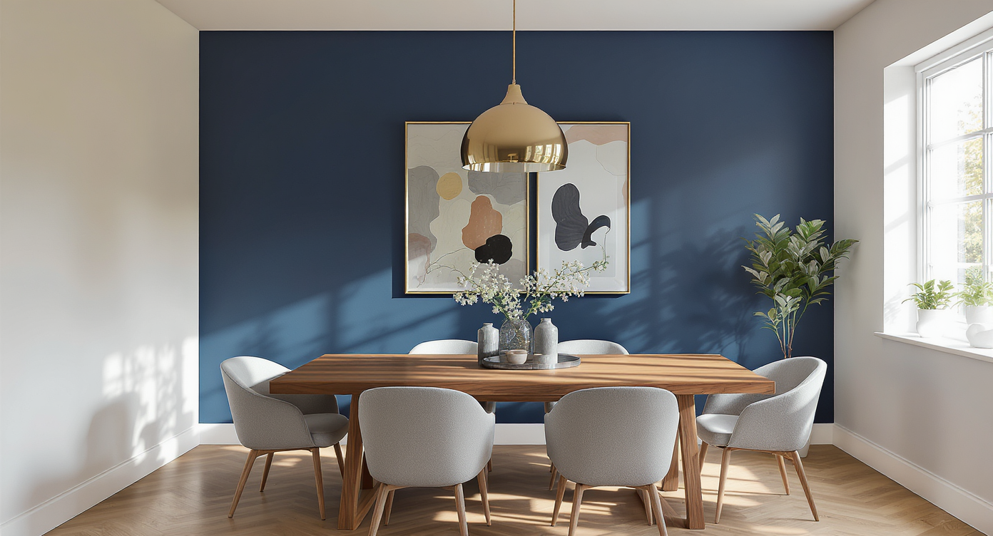 Modern dining room with a deep navy matte accent wall, neutral side walls, a wooden table, metallic fixtures, and natural light.