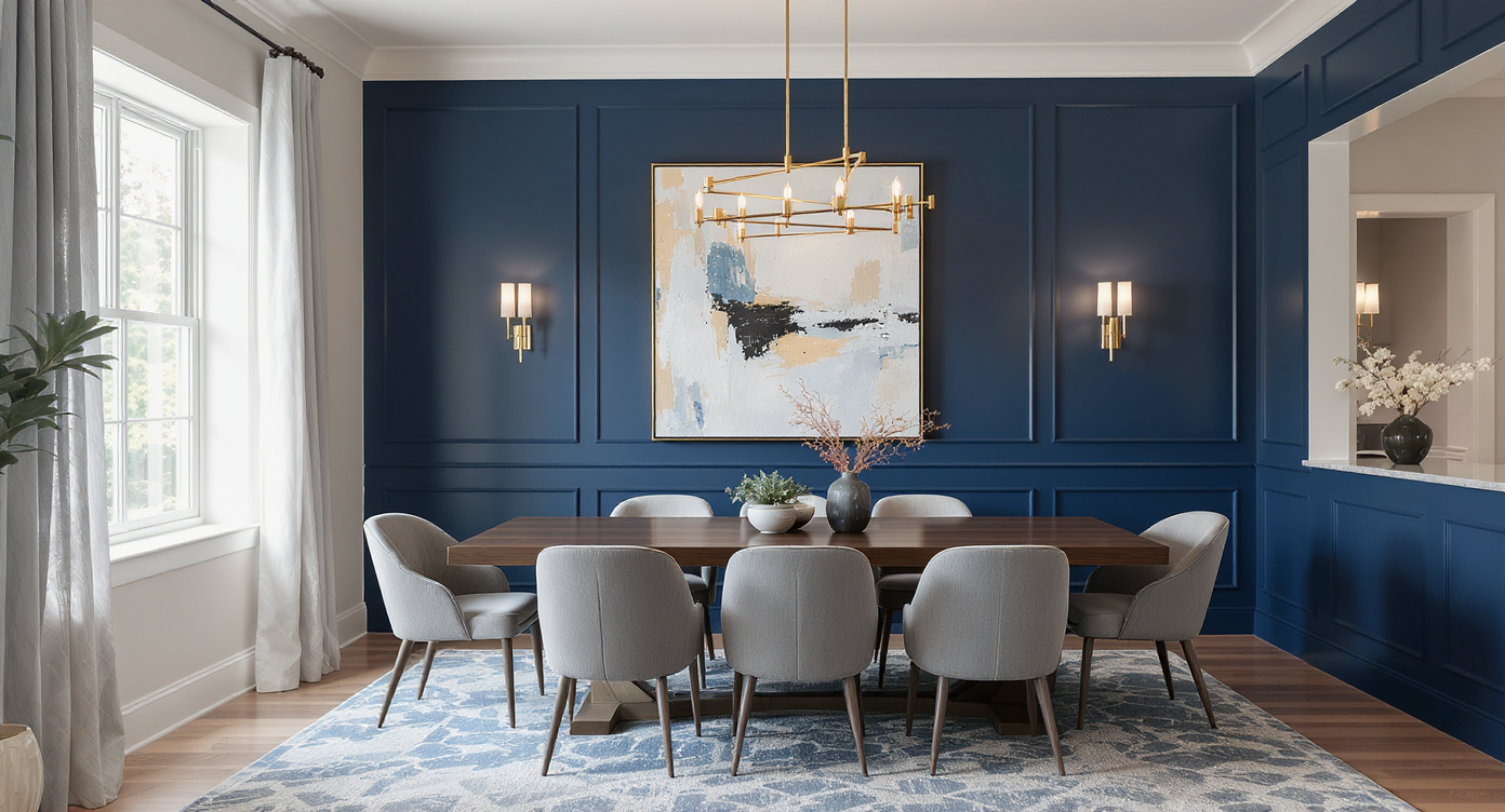 Photorealistic modern dining room with a dark navy accent wall, wood dining table, upholstered chairs, and statement art under natural light.