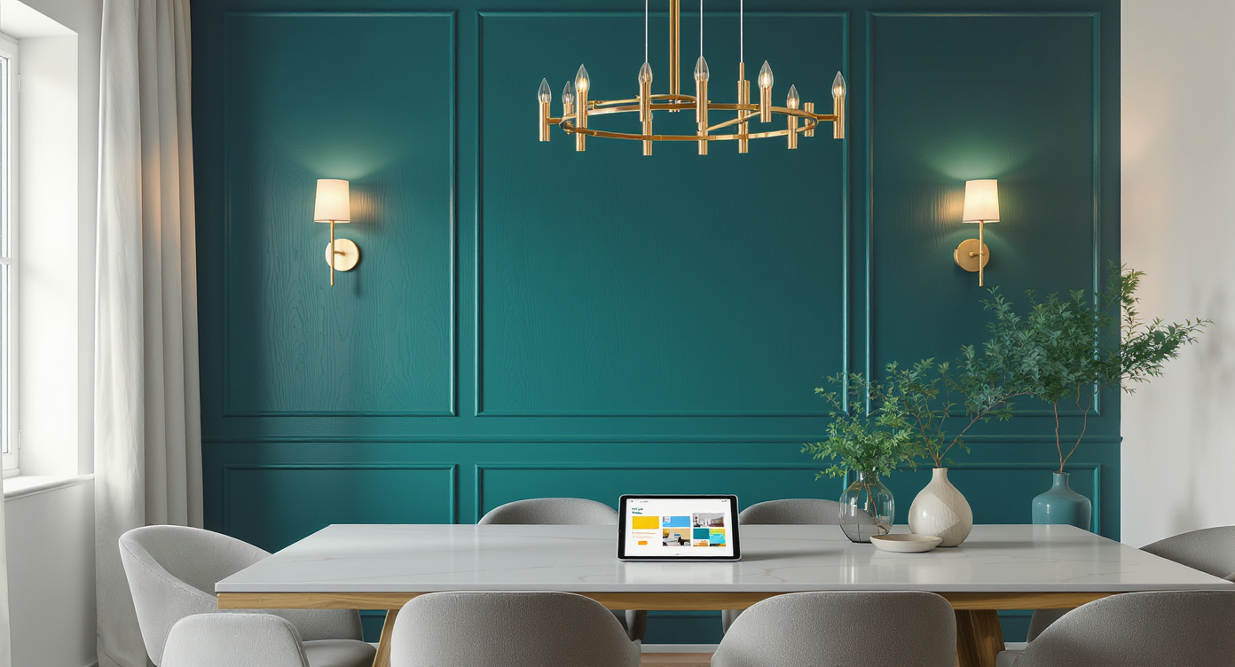 Modern dining room with a teal textured accent wall, lit by brass sconces and a chandelier, showing a digital preview tool on a tablet.