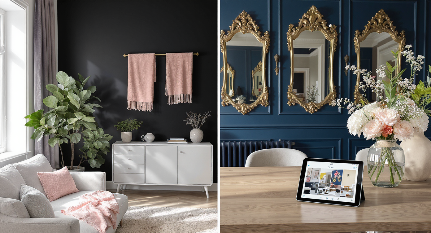 Side-by-side dining spaces: one with a matte black wall, blush textiles, and greenery; another with navy paneling, gold mirrors, and bold florals.