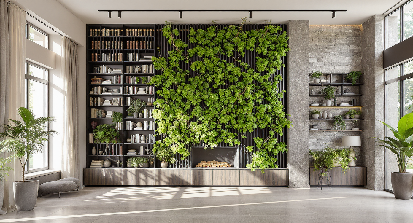 A modern great room with a former climbing wall reimagined as a dramatic bookcase, living plant shelving, and creative millwork details.