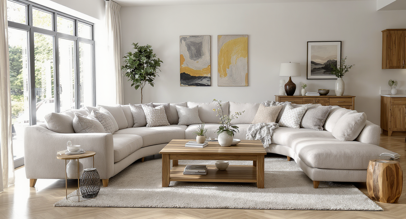 A massive great room with a curved, oversized sectional, chunky armchairs, a large coffee table, and a custom area rug anchoring the seating layout.