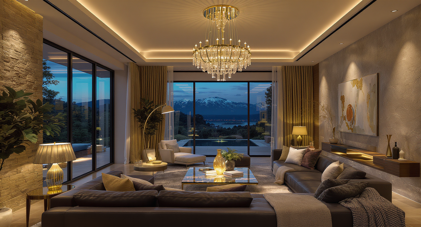 Spacious great room at dusk featuring layered lighting: chandelier, pendants, floor lamp, table lamps, uplighting, and wall washers create inviting zones.