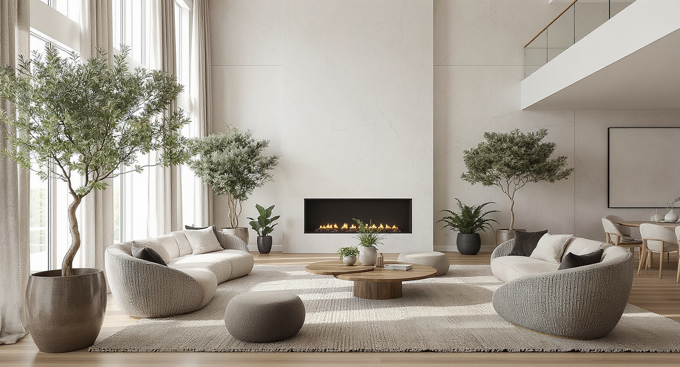A sunlit great room with tall ceilings features mature indoor trees and leafy plants in large planters beside windows, curvy sofas, and organic forms.