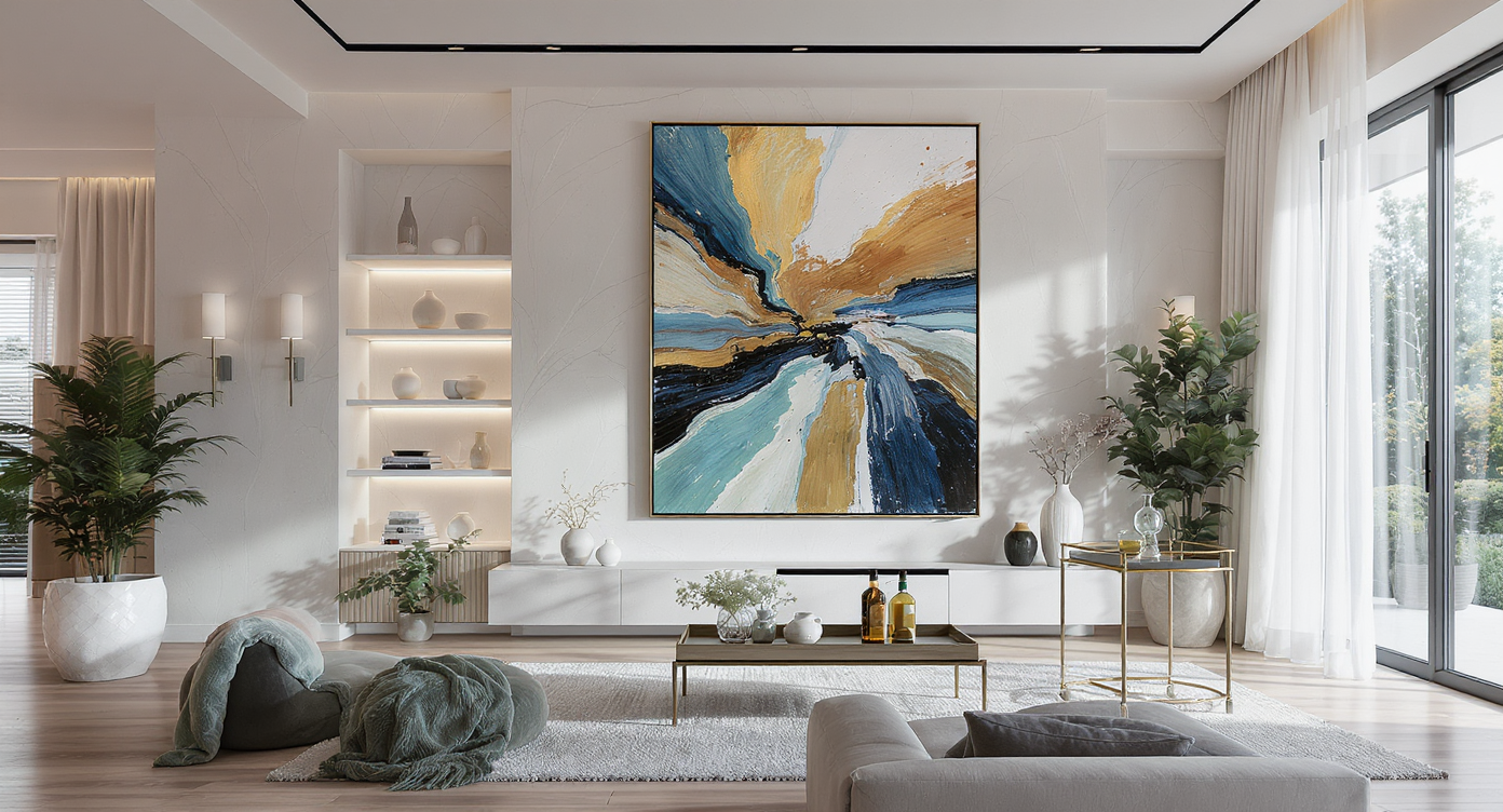 A vast great room with oversized custom art, sculptural shelving, a bespoke credenza, and bar cart, all arranged with functional, stylish touches.