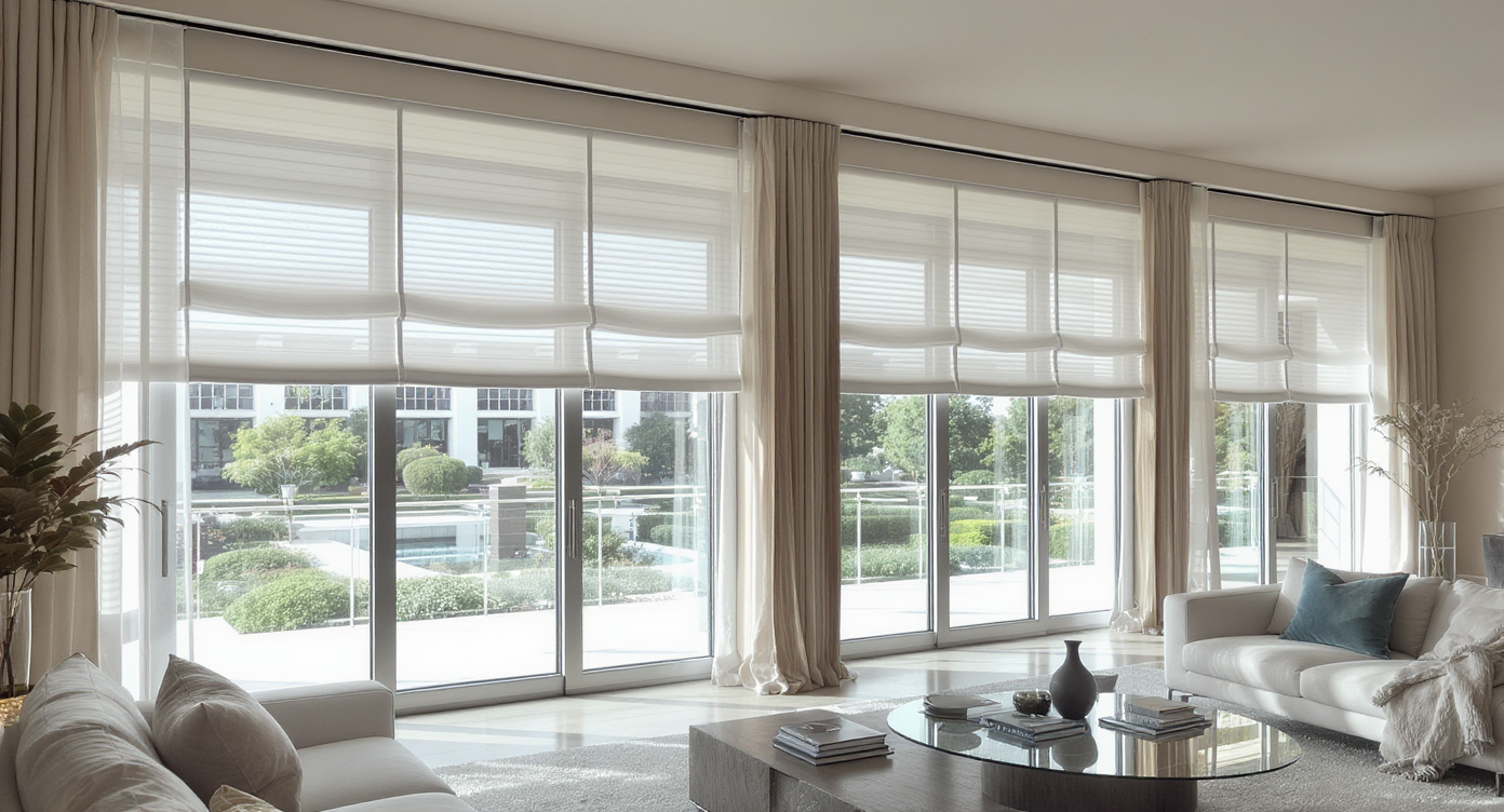 Great room with a full wall of windows, featuring motorized blinds, layered sheers, and architectural panels for balanced, elegant light control.