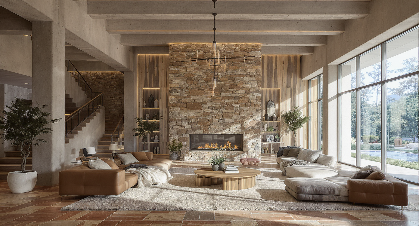 Massive, empty great room with 24-foot ceilings, mixed materials, scattered furnishings, exposed beams, and large windows, feeling unfinished.