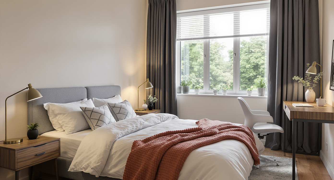 A photorealistic modern study-guest room with a neatly dressed bed, blackout curtains, compact desk, and layered cozy textiles, no people present.
