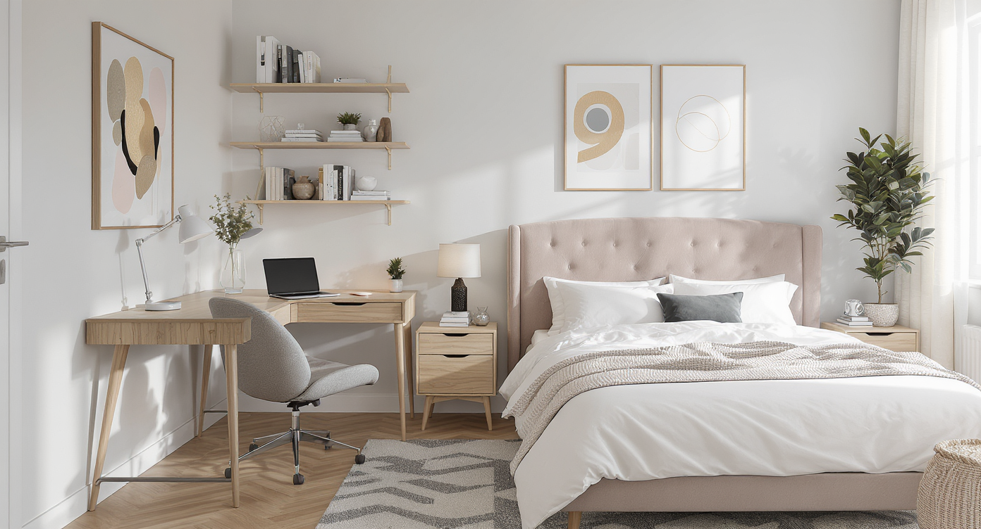 Sunlit spare bedroom converted into a modern guest-study hybrid, featuring a bed, desk, shelves with decor, and natural light—no people visible.