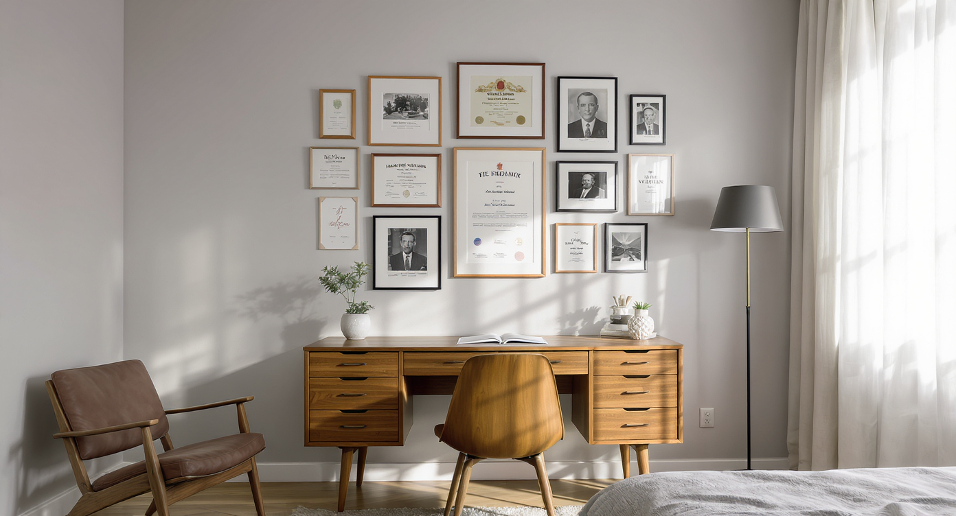 A study-guest room features a deliberate gallery wall of mixed-size frames displaying degrees, art, and memorabilia, arranged with cohesive spacing.