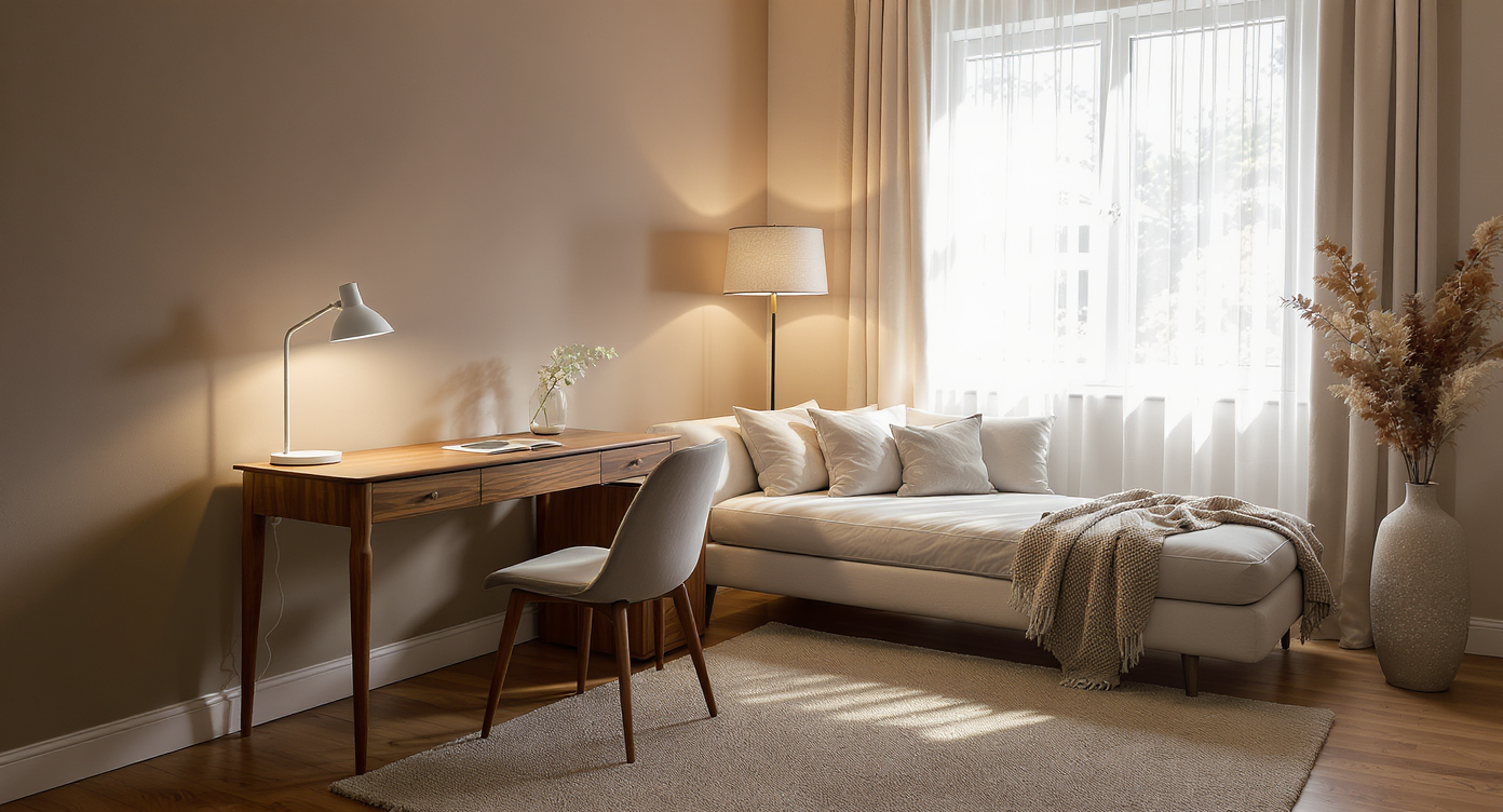 Layered lighting in a study-guest room showing desk task lamp, floor lamp, and daybed sconce for adaptable, all-day illumination.