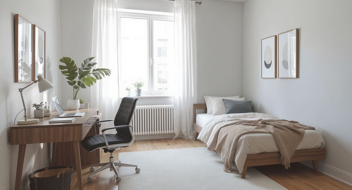 A sunlit spare room with a daybed, dedicated desk area near a window, uncluttered floor, and separate zones for work and rest, no people visible.