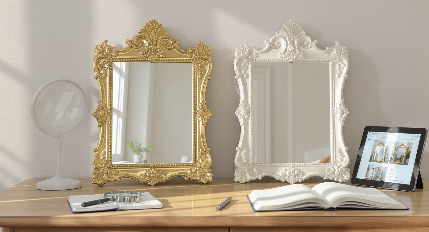 Two decorative mirrors with identical ornate patterns but different finishes, shown side by side on a table with a magnifying glass and a tablet displaying image search results.