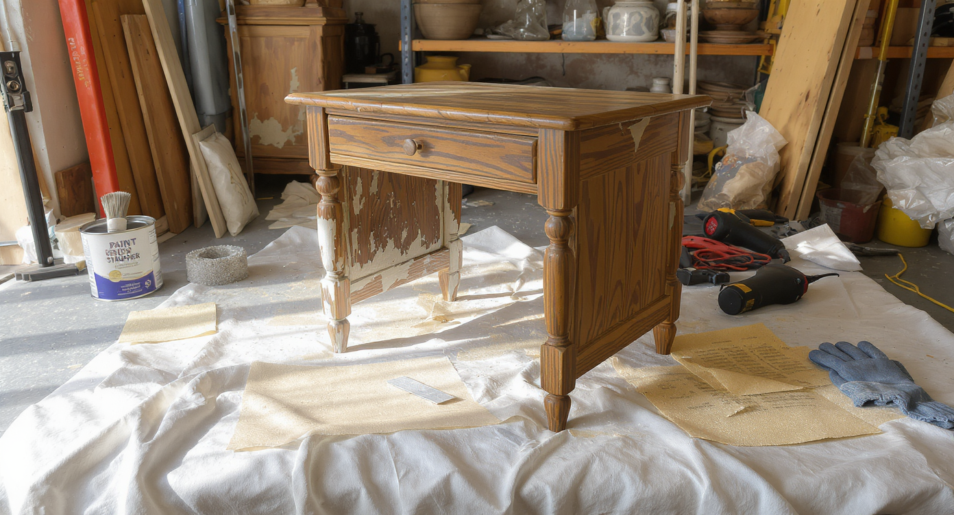 A sunlit home workshop with a partially stripped wooden side table surrounded by restoration tools, drop cloths, and vintage decor items.
