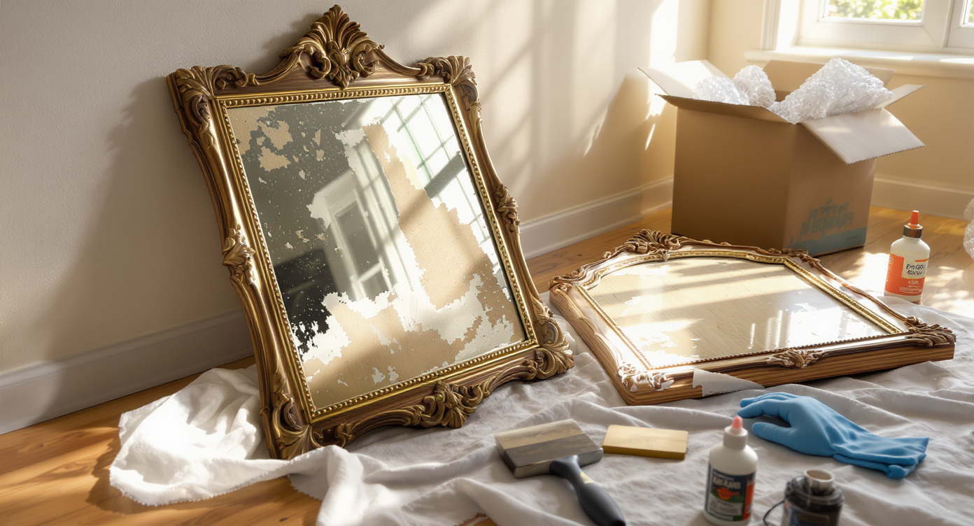 A realistic living room setup shows a partially stripped ornate mirror and chipped wooden accent on a drop cloth, surrounded by restoration tools.