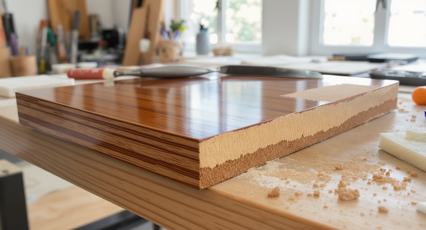 Close-up of a furniture panel with stripped veneer, revealing MDF substrate beneath layers of faux wood film and paint, set on a workshop bench.