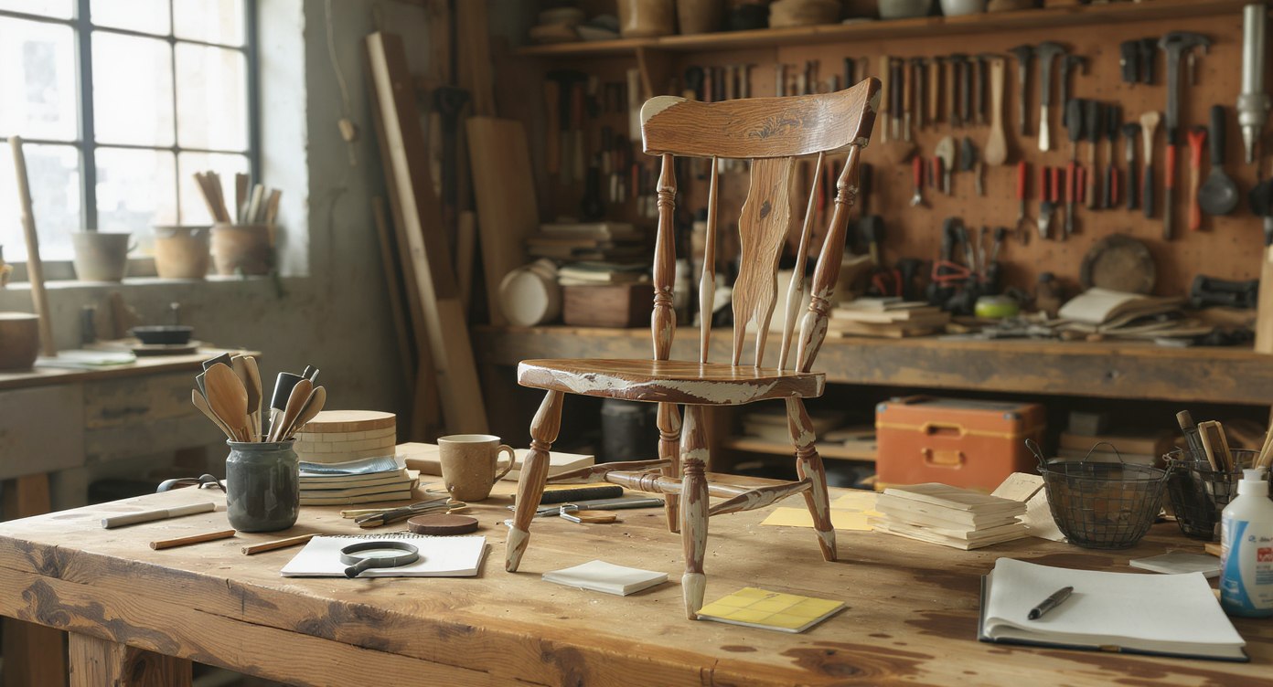 A realistic workbench setup with a partially restored wooden chair, material samples, catalogs, and research notes emphasizing DIY learning.