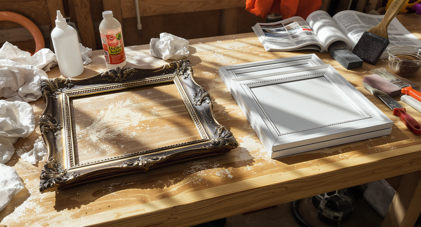 A realistic workshop bench shows an ornate antique frame partly stripped with messy tools on one side, and modern flat frames with simple tools on the other.