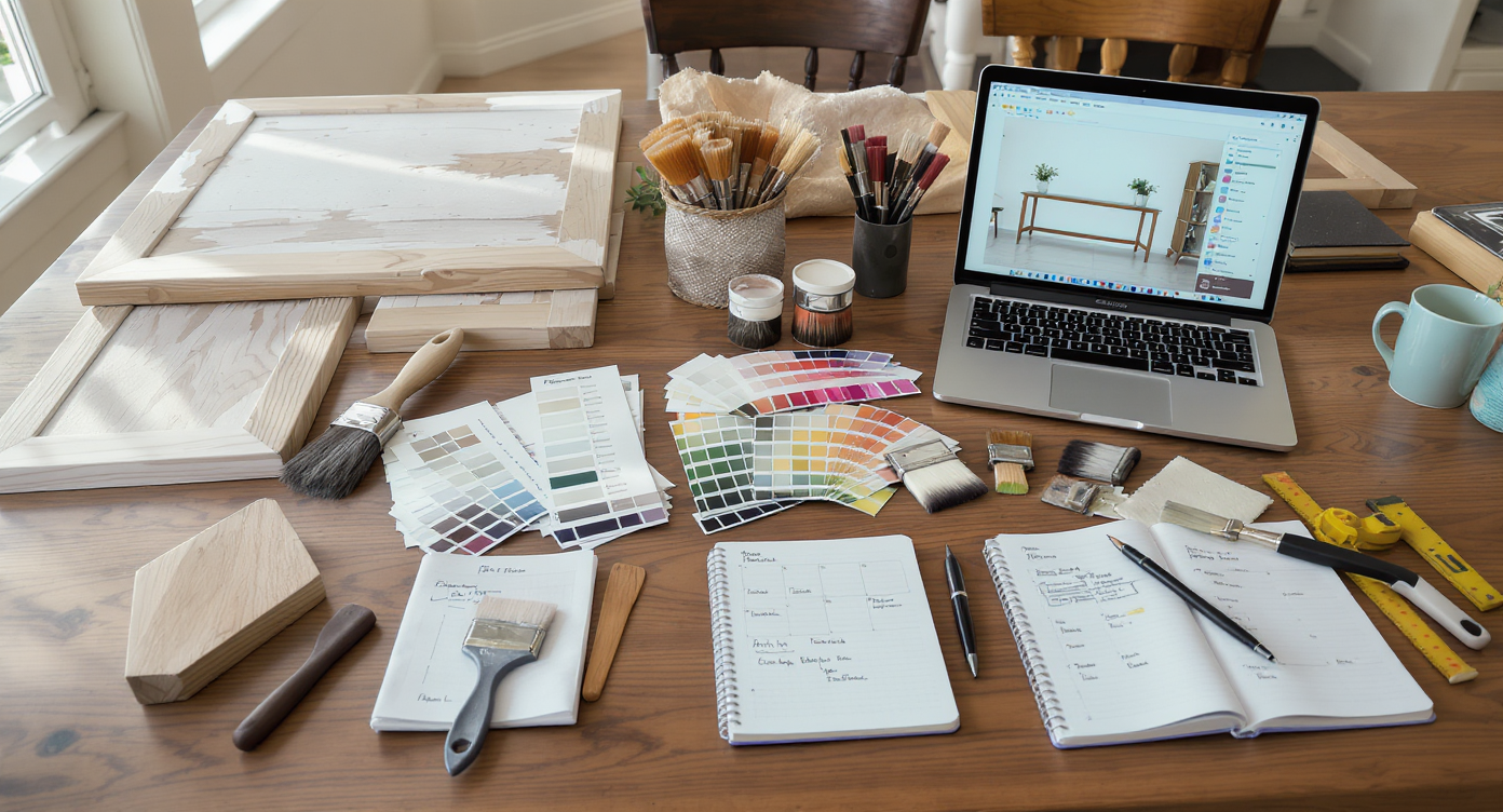 A photorealistic workspace displays a table with furniture, samples, tools, and a laptop showing design visualization, highlighting meticulous DIY planning.