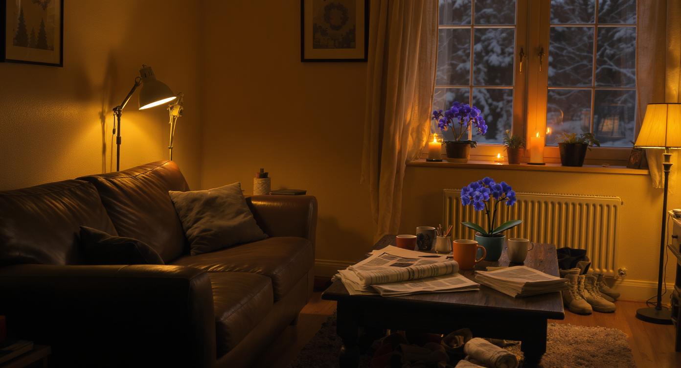 Photorealistic small living room with cluttered table, LEGO orchid, winter boots, oatmeal walls, and a single glowing window candle at dusk.