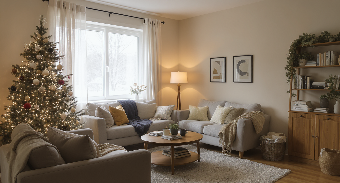 A lived-in apartment shows an undecorated Christmas tree, mismatched furniture, and practical lighting, inviting comfort without designer polish.