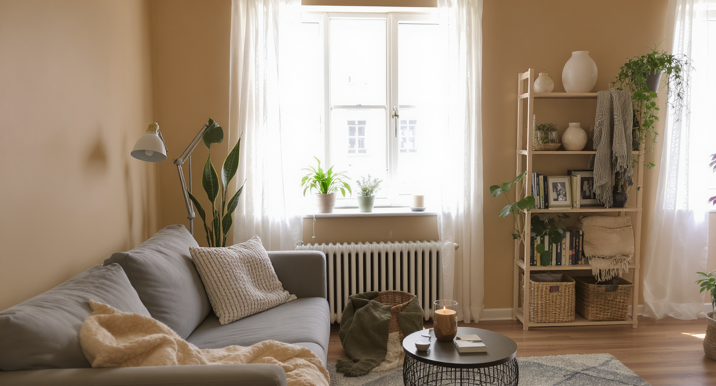 An inviting rental living room with tan walls, a neutral sofa layered with a throw, reading lamp, plants, curated shelf, and candle in the window.