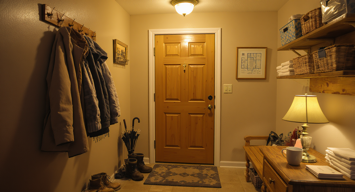 An entryway lit by a bright ceiling fixture and a cozy lamp, with a coat rack, winter boots, a mail table, and practical storage, no people.