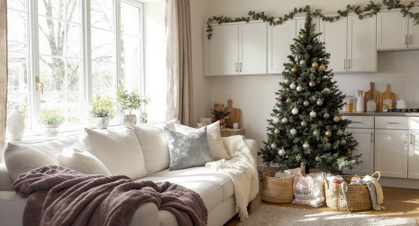 A lived-in living room with a neutral sofa, an undecorated holiday tree, family ornaments basket, garland above cabinets, and glowing candles.