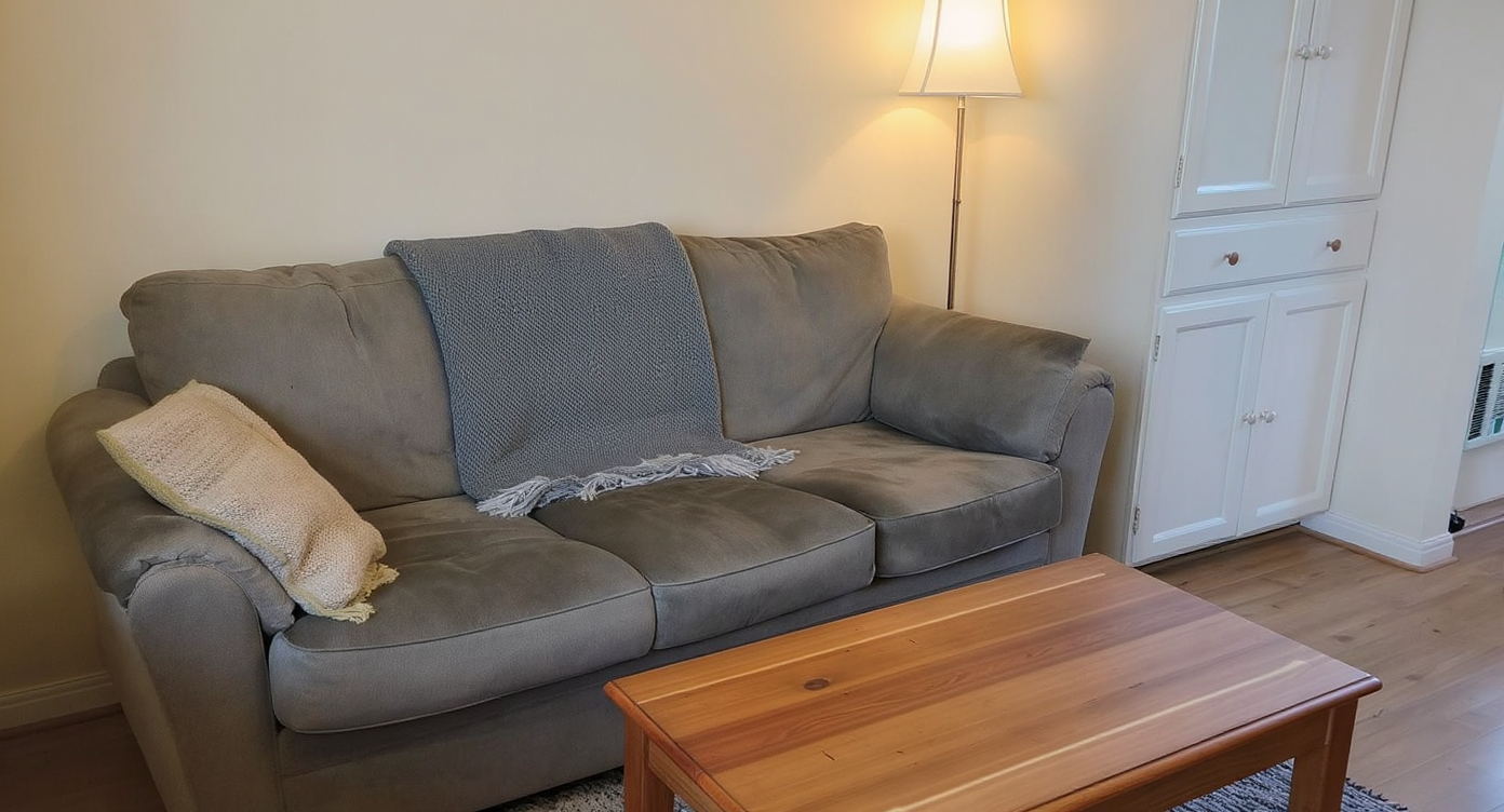 A lived-in living room with a clean sofa, wooden coffee table, inherited shelves, and a vintage kitchen table in natural daylight.