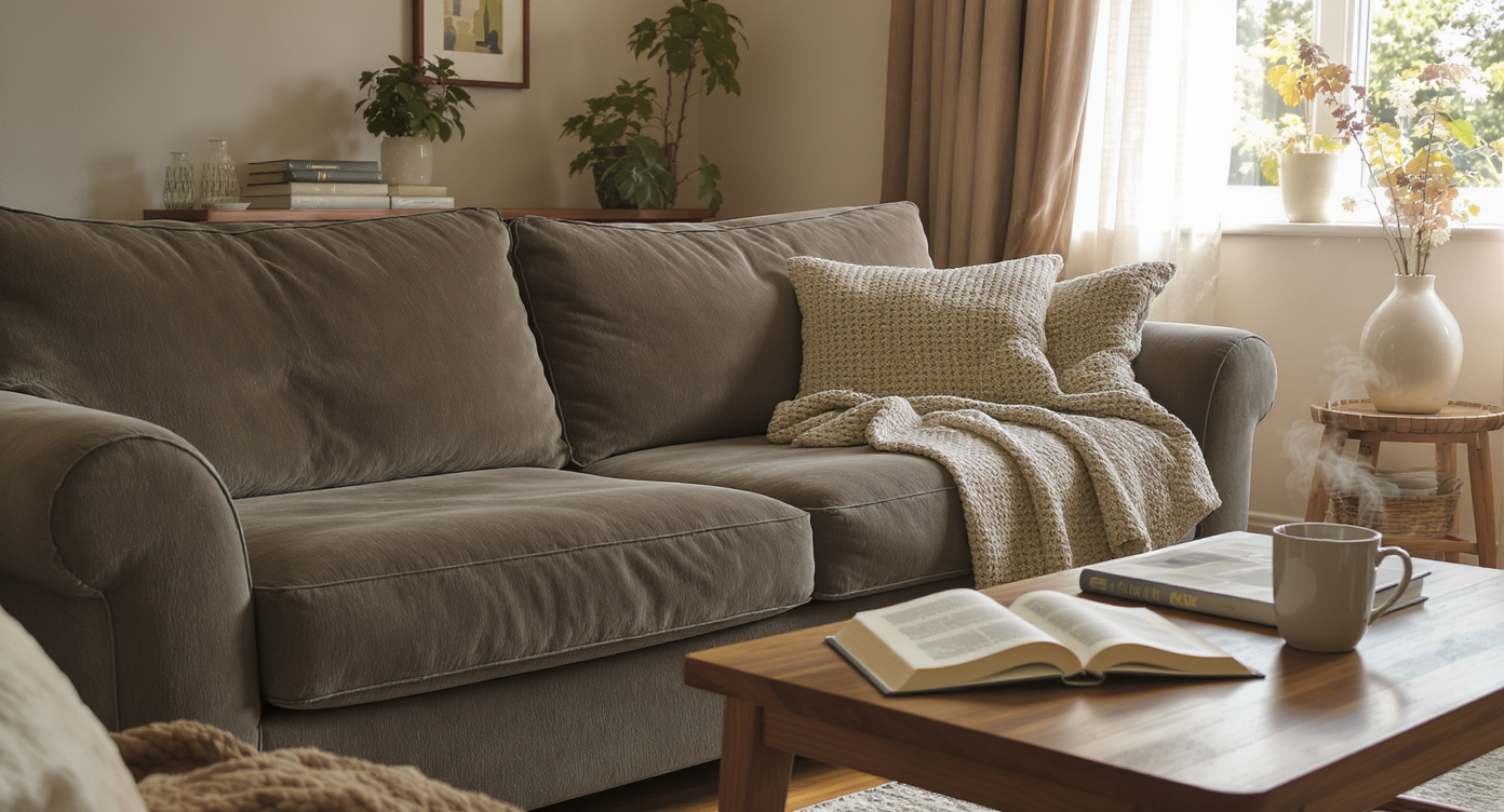 Lived-in living room with a cozy sofa, open book, mug, and practical decor, reflecting a functional, authentic everyday home setting.