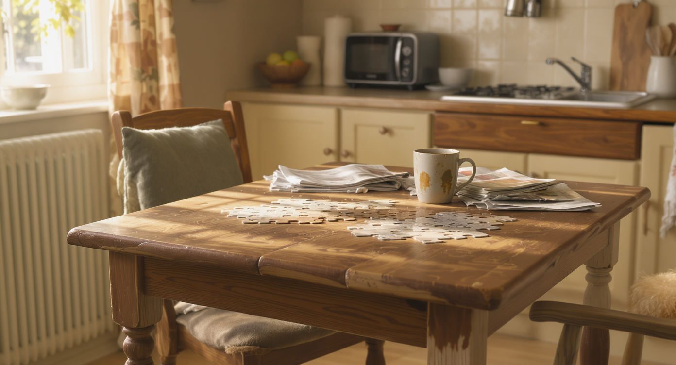 A well-used wooden kitchen table with visible wear, holding a jigsaw puzzle, coffee mug, and newspapers beside a mismatched chair in a cozy kitchen.