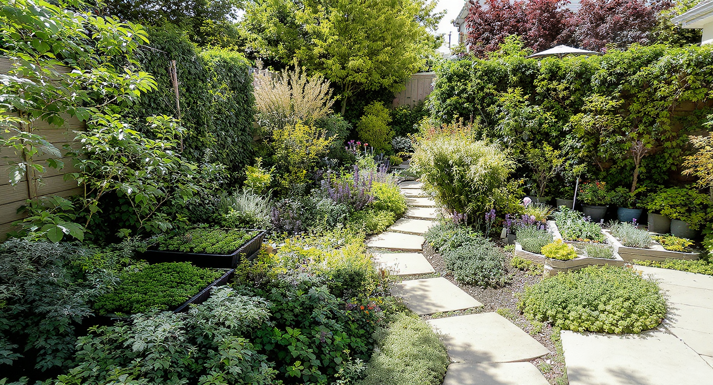 Photorealistic backyard scene showing a curved stone path dividing seedling trays and container plants from a lounge area among lush shrubs and trellises.