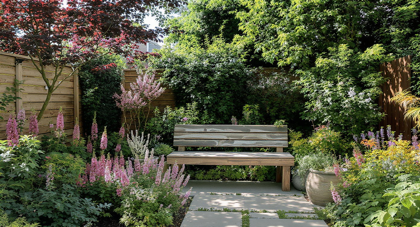 Reclaimed-wood bench and outdoor sofa nestled in a vibrant backyard among foxgloves, lavender, and hostas, beside a gravel patio and shed.