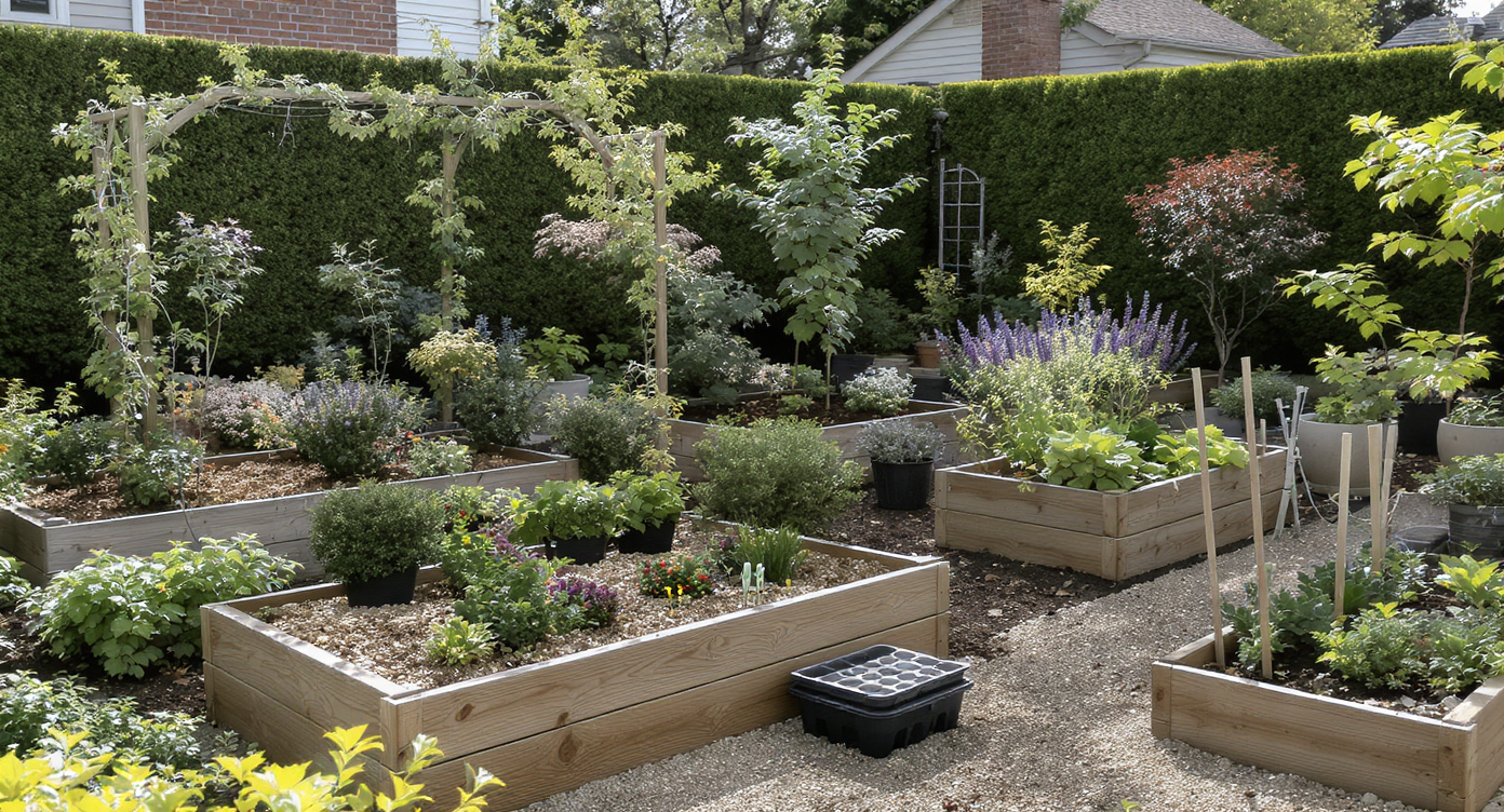 A transitioning backyard garden showing young plants in containers, raised vegetable beds, new plantings, and established borders under soft morning light.