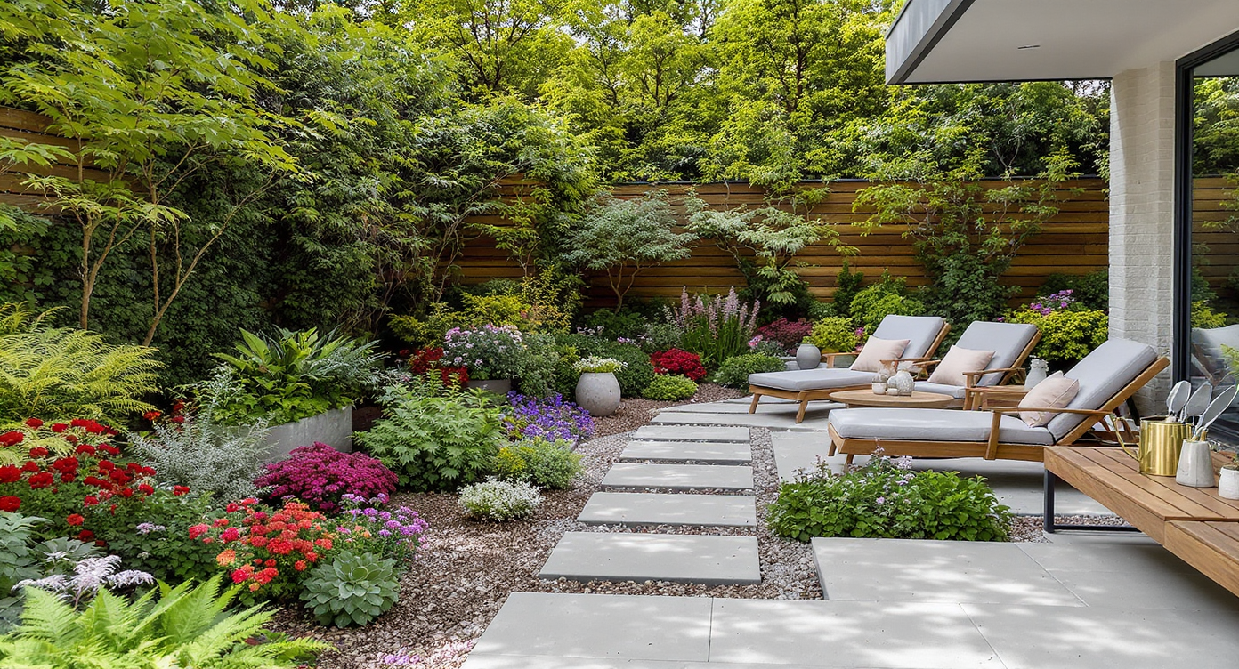 A photorealistic backyard with layered greenery, colorful blooms, stone path, cozy seating area, and gardening tools, embodying a vibrant living oasis.