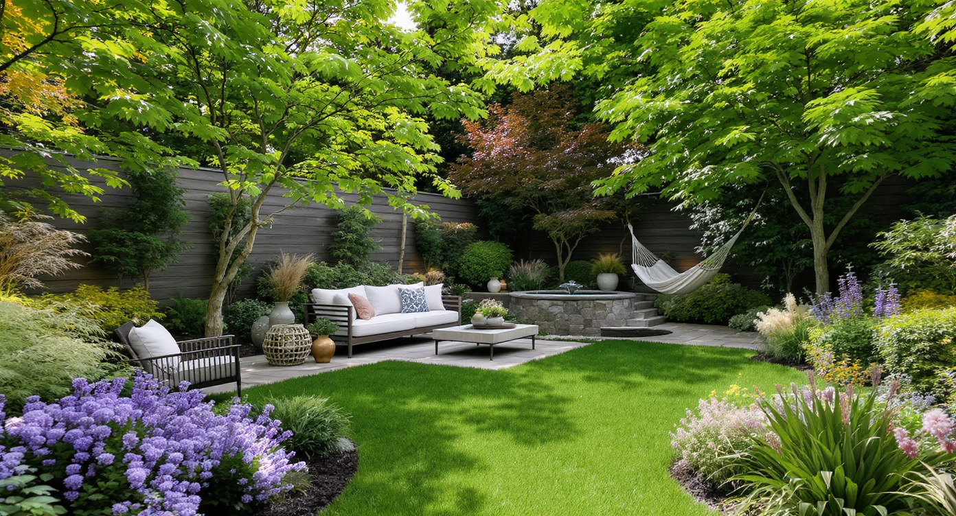 A lush backyard oasis with vibrant plants, flowers, a pond, natural seating, and stone pathways lit by warm evening sunlight, without people.