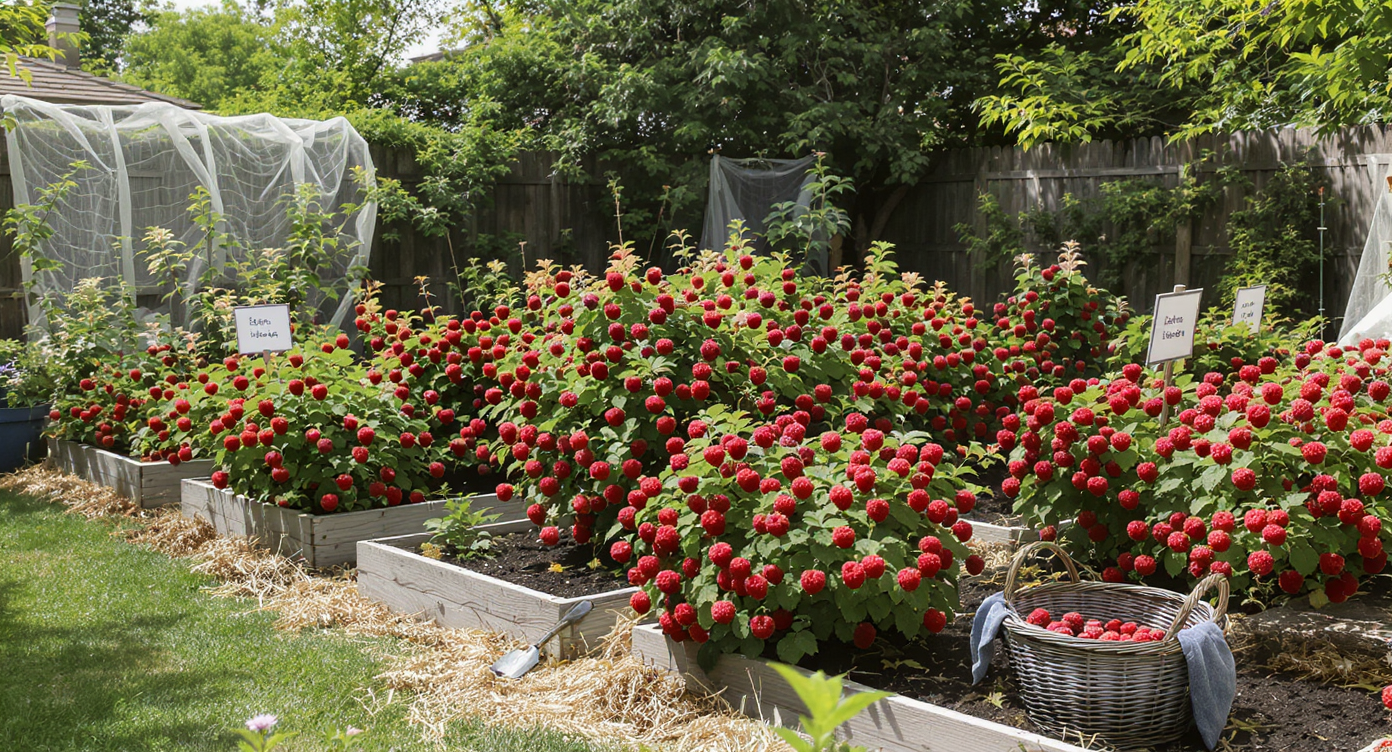 Multiple varieties of raspberry bushes growing in tidy, mulched beds in a home garden, loaded with ripe, colorful berries and harvest tools nearby.