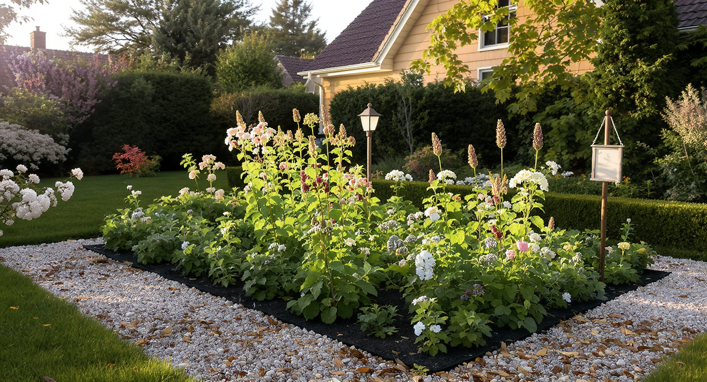 Side-by-side raspberry rows in a garden bed: 'Himbo Top' canes are filled with large, ripe fruit and lush leaves, while another variety looks sparse.