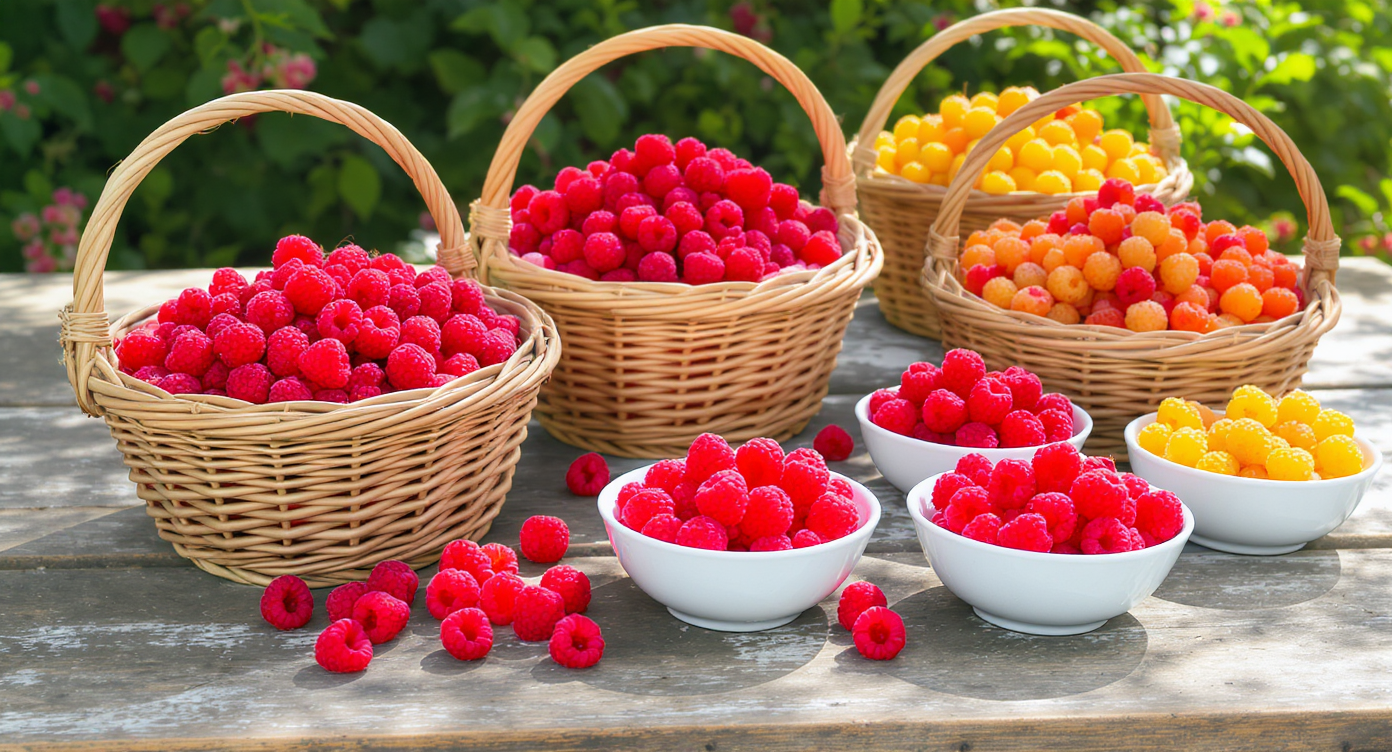 Close-up of three baskets with fresh Joan J, Nantahala, and Anne Yellow raspberries on a garden table, lush berry bushes in the background.