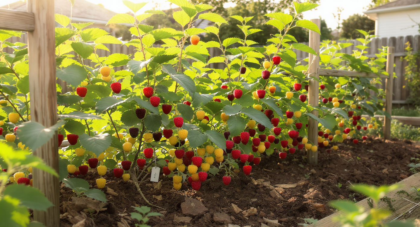 Photorealistic raspberry patch with red, yellow, and purple berries growing on canes, mulched soil, wooden edging, trellis, and garden tools visible.