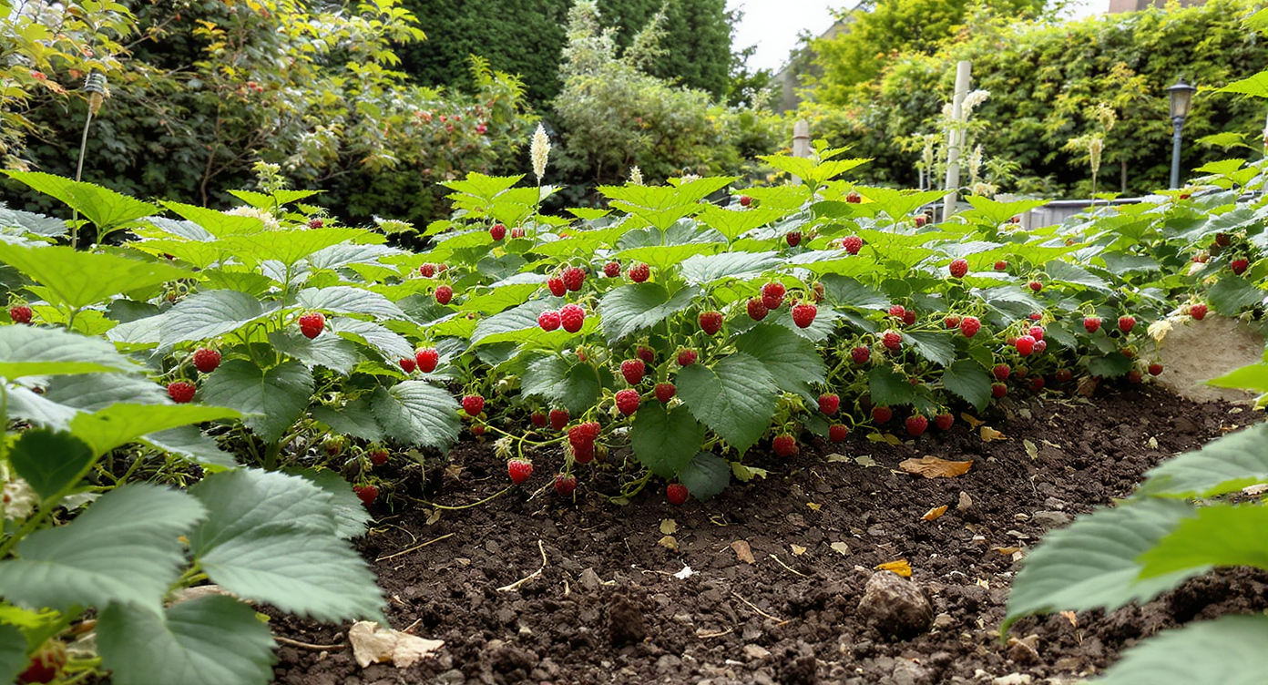 Freshly amended raised bed with bare root raspberry canes spaced in rich soil, planting amendments and tools visible, under natural daylight.