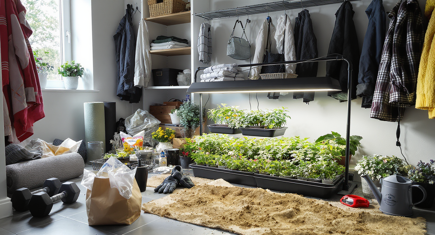 A tidy mudroom, transformed into a temporary nursery for seedlings, features trays of young plants, grow lights, and gardening gear in natural light.