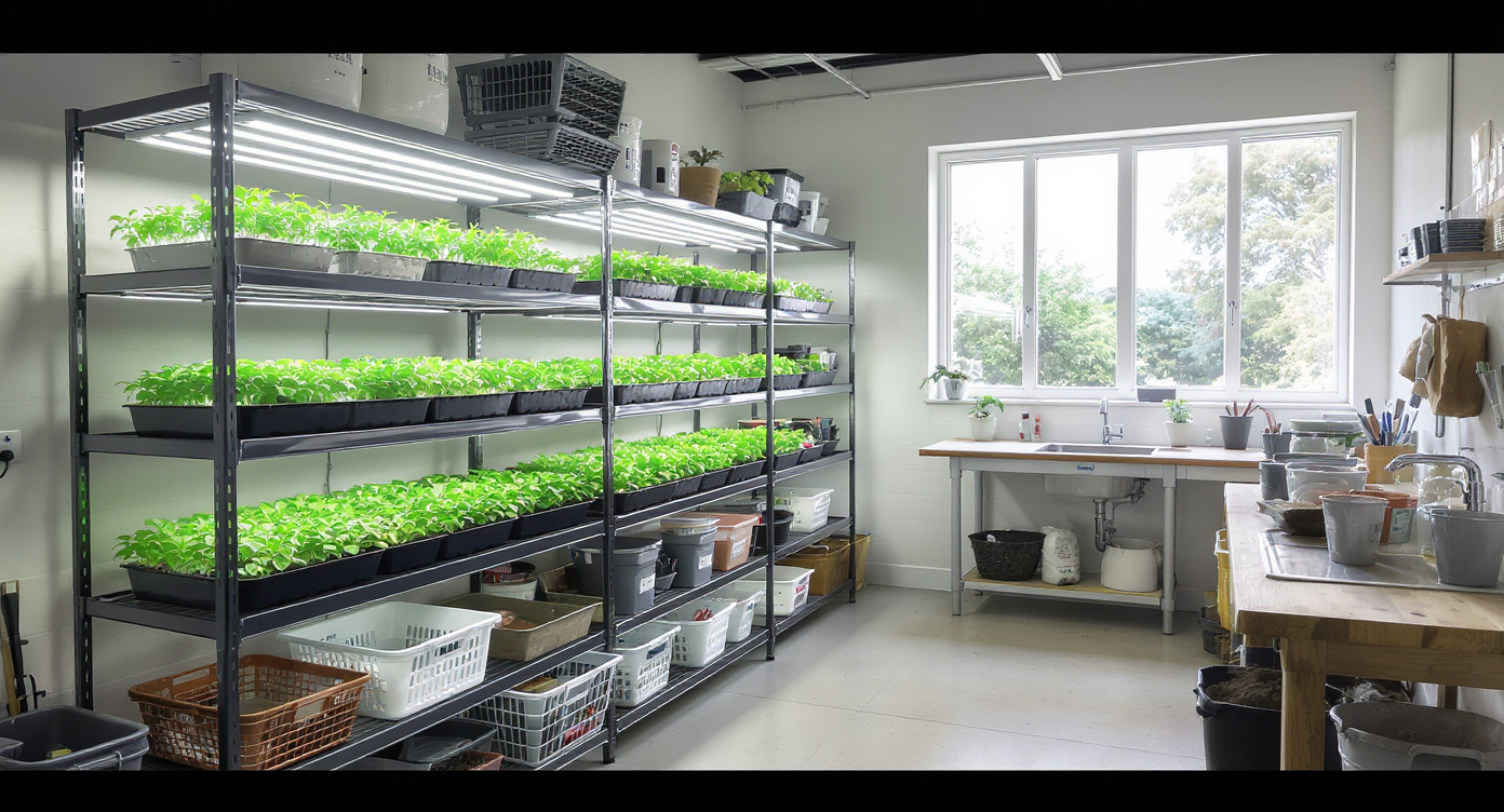 A photorealistic utility room with organized shelving, trays of seedlings under grow lights, labeled bins, and tidy garden tools, bathed in natural light.