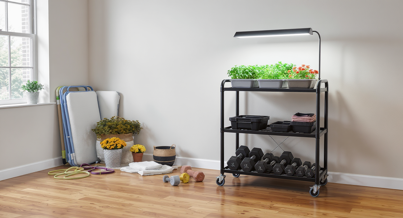 Sunlit multipurpose utility room with a tall cart holding both seedlings and gym weights, foldable mats, and modular storage bins arranged for flexible use.