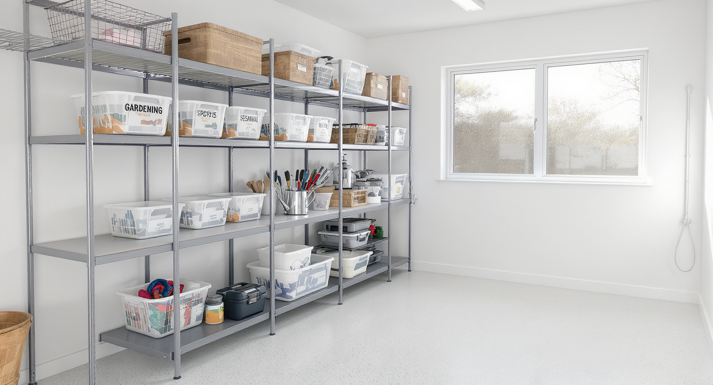 A well-organized utility room with transparent labeled bins on shelves and uncluttered surfaces supporting easy, adaptable storage.