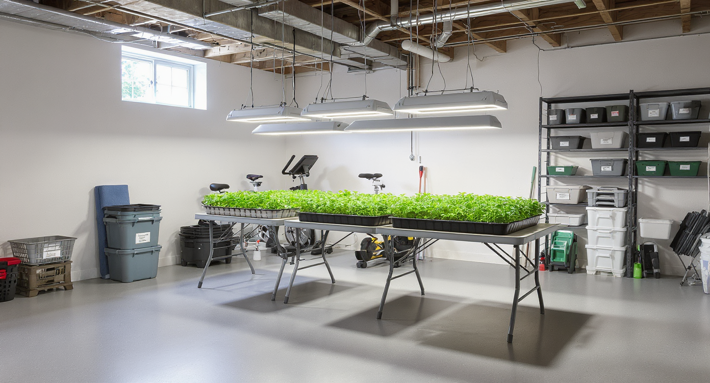 A basement converted into a dual-purpose space, featuring folding tables with seedlings, modular shelves, grow lights, and organized, mobile storage solutions.